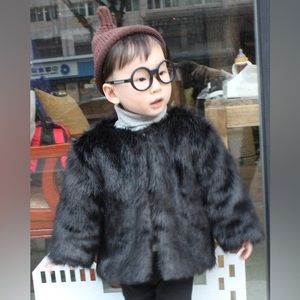 Kids Black Short Faux Fur Cropped Jacket Furry Coat